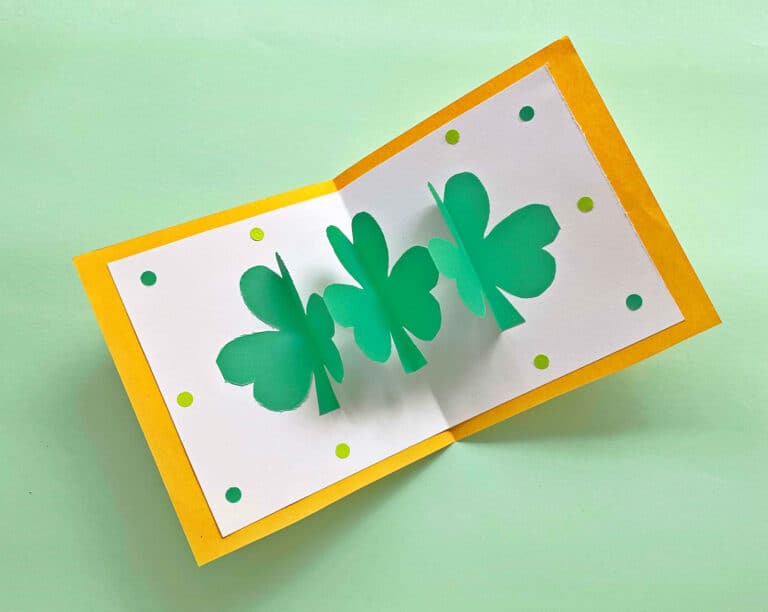 three pop up shamrocks glued to handmade st Patricks day card