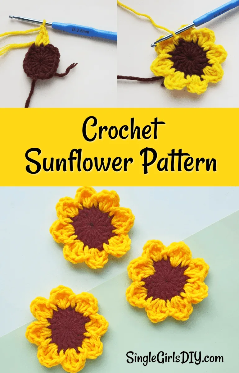 process photos of how to crochet sunflowers and finished patterns