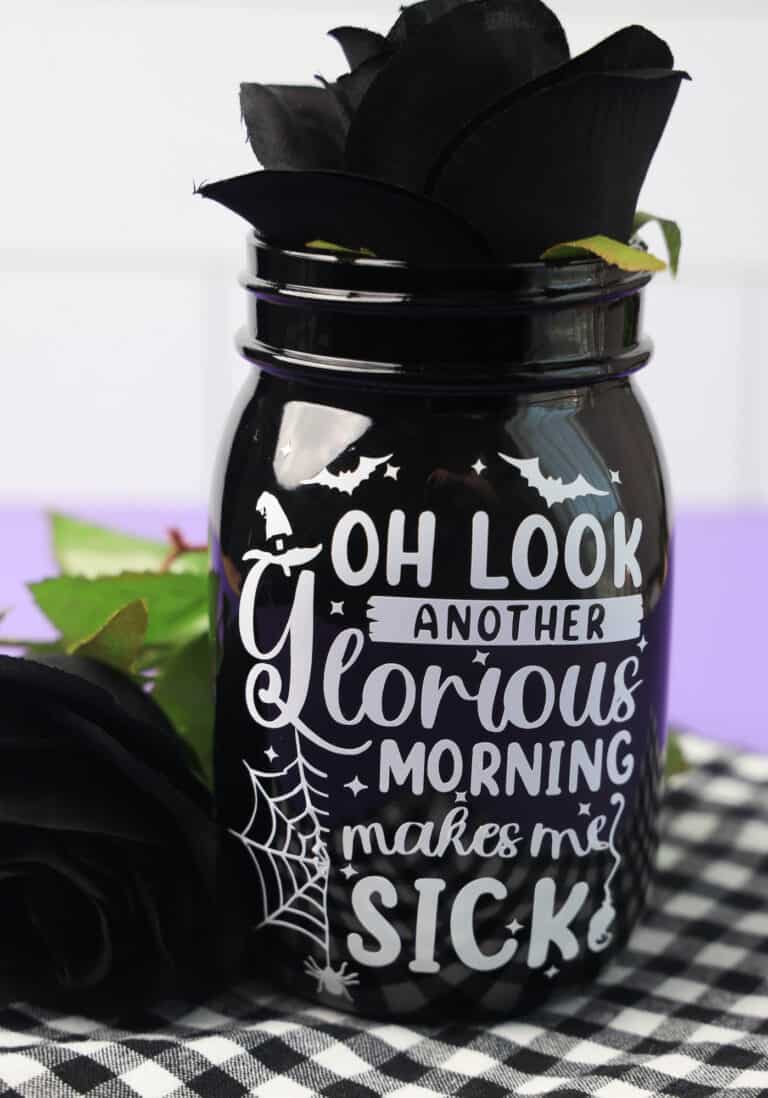 another glorious morning makes me sick quote on black jar holding a black rose