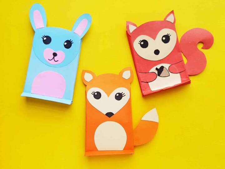 squirrel, fox and rabbit paper bag animals on yellow background