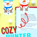 two cute snowman bookmarks on a book page