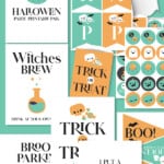 collection of teal and pumpkin Halloween party printables