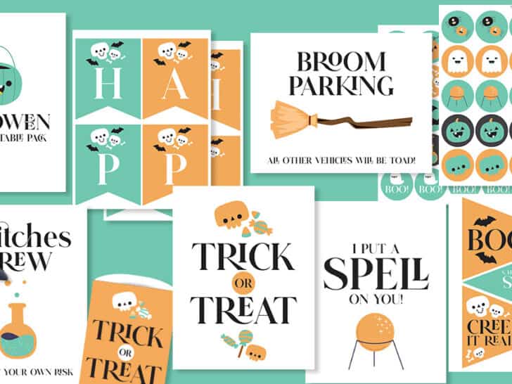 several different types of halloween party printables in teal and orange colors