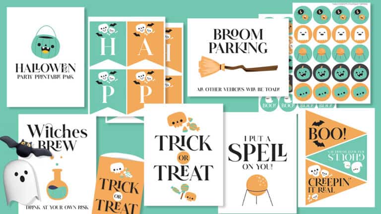 several different types of halloween party printables in teal and orange colors