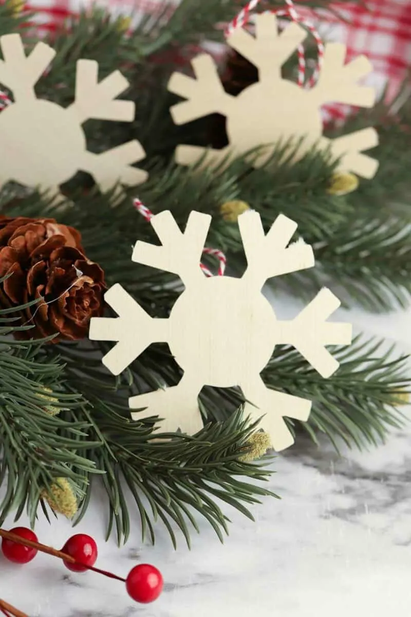 wooden snowflake ornament laying among Christmas tree branch and pine cone