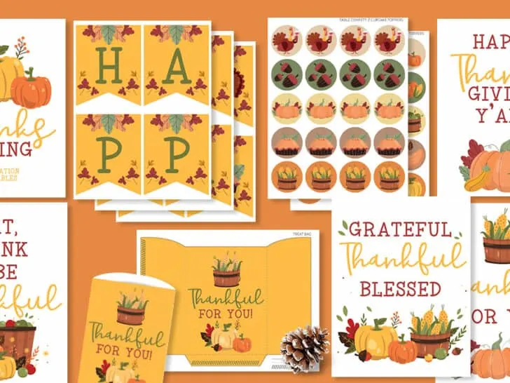 pretty thanksgiving party printable files shown against orange background