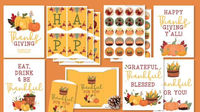 pretty thanksgiving party printable files shown against orange background