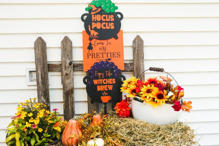DIY hocus pocus porch sign on a patio