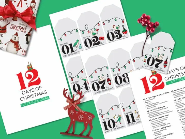 12 days of Christmas printable gift tags and ideas list on green background