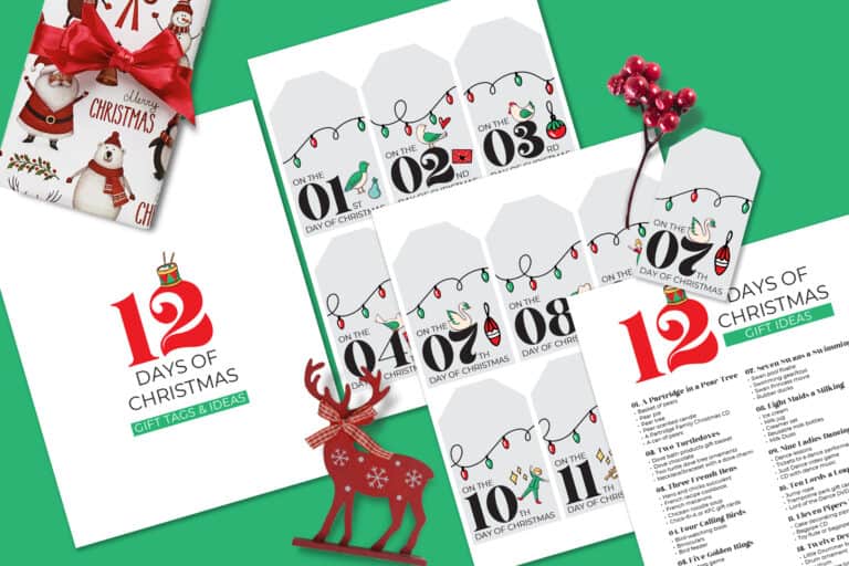 12 days of Christmas printable gift tags and ideas list on green background