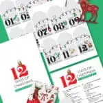 printable gift tags and 12 days of Christmas gift ideas list on green background