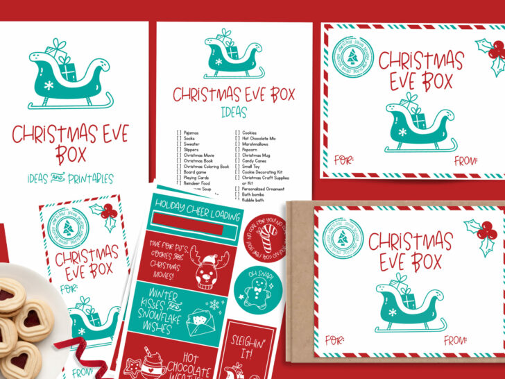 Christmas Eve box labels and tags on a red background