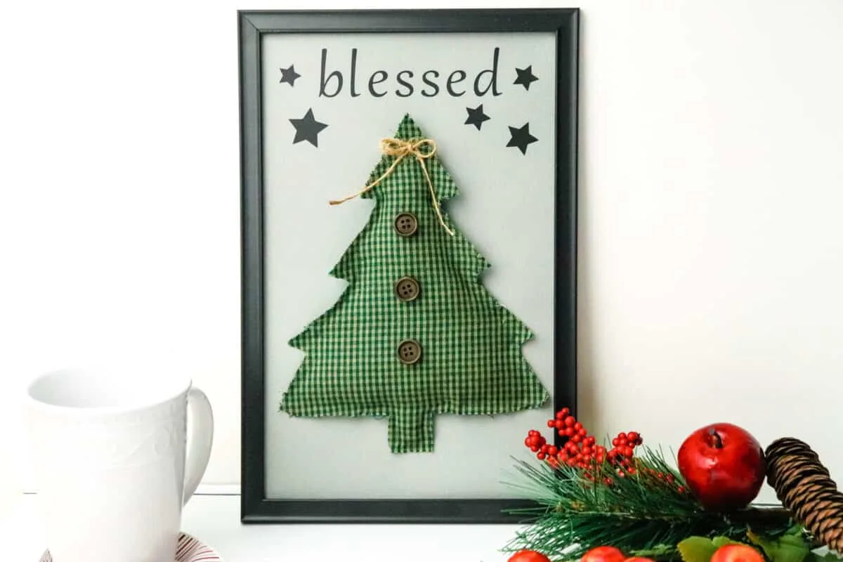 DIY rustic Christmas tree sign in Dollar Tree frame