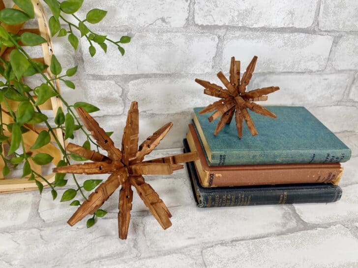 2 clothespin stars displayed with antique books and plant in background