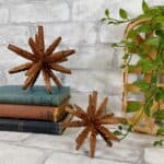 clothespin stars displayed with antique books and plant in background