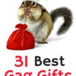 Chipmunk in red Santa Claus hat and bag with gifts on white background