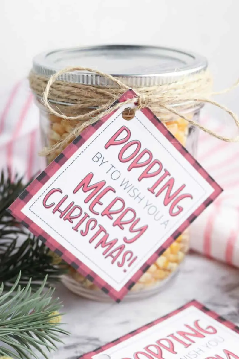 printable gift tag on mason jar of popcorn kernels