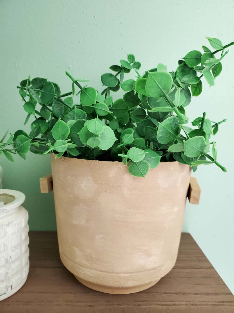 A faux terra cotta pot with ivy plant on a brown shelf with a green wall behind.