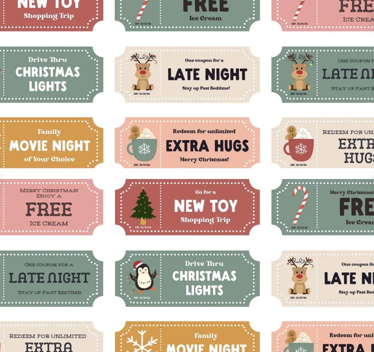 A grid of colorful holiday-themed coupons, designed in the style of a Christmas gift certificate template, features cheerful illustrations like reindeer, mugs, and trees, offering treats such as ice cream, shopping trips, movie nights, and extra hugs.