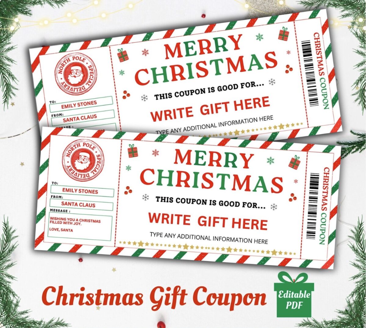 Two festive Christmas gift coupons featuring red and green text, “Merry Christmas,” and blank spaces to fill in recipient, sender, and gift details—this cheerful Christmas gift certificate template is decorated with holiday graphics for a joyful touch.