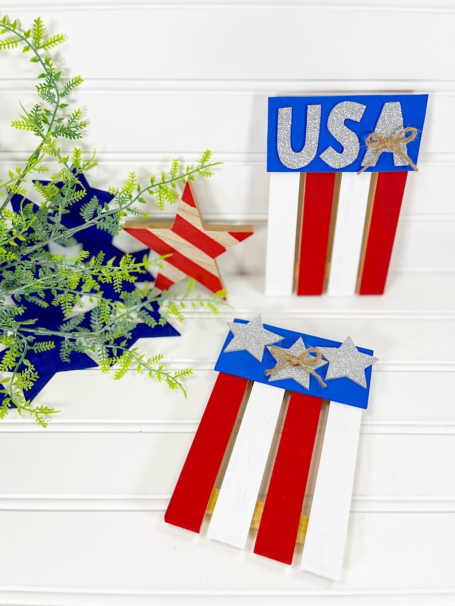 Mini Pallet Flags on White Wood Table with Stars