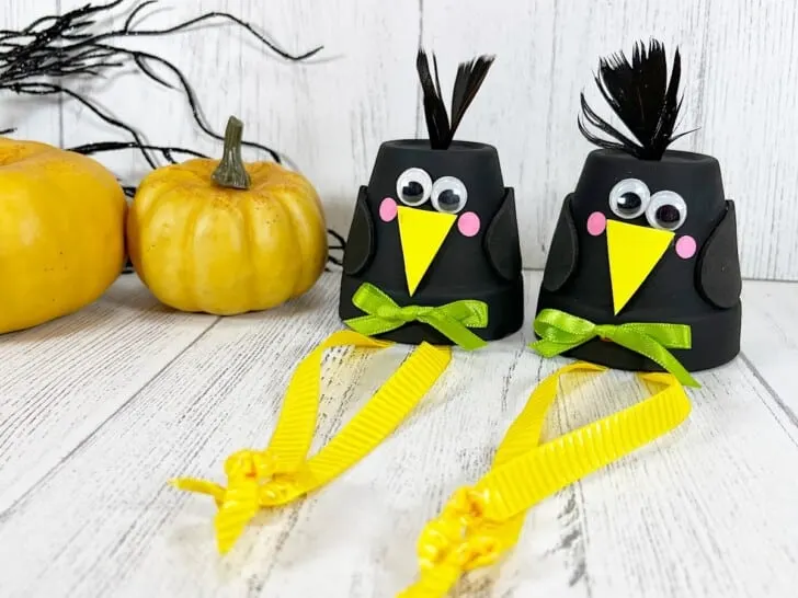 Clay Pot Crows With Yellow Pumpkins