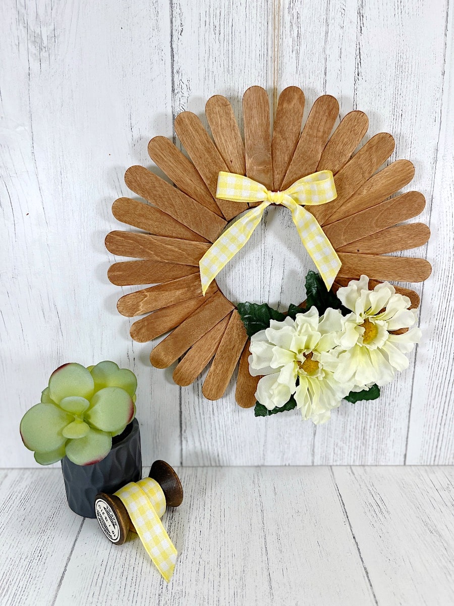 Craft Stick Wreath With White Flowers with Yellow Ribbon