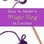 purple yarn and a gold crochet hook working a magic ring crochet stitch against a white background