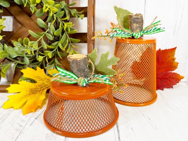 Pencil Cup Pumpkin With Fall Leaves and Green Ribbon
