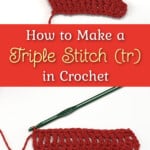 red yarn and a green crochet hook working a triple crochet stitch against a white background