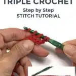 red yarn and a green crochet hook working a triple crochet stitch against a white background