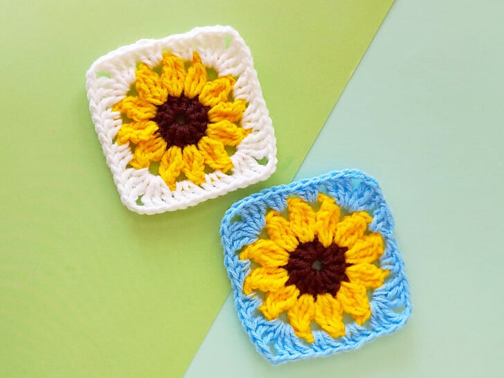 Crochet Sunflower Granny Square Two crocheted squares with sunflowers on them.
