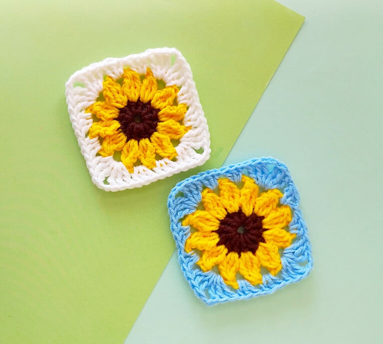 Crochet Sunflower Granny Square Two crocheted squares with sunflowers on them.