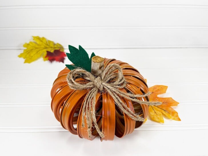 Canning Ring Pumpkin sitting on orange fall leaves against a white background