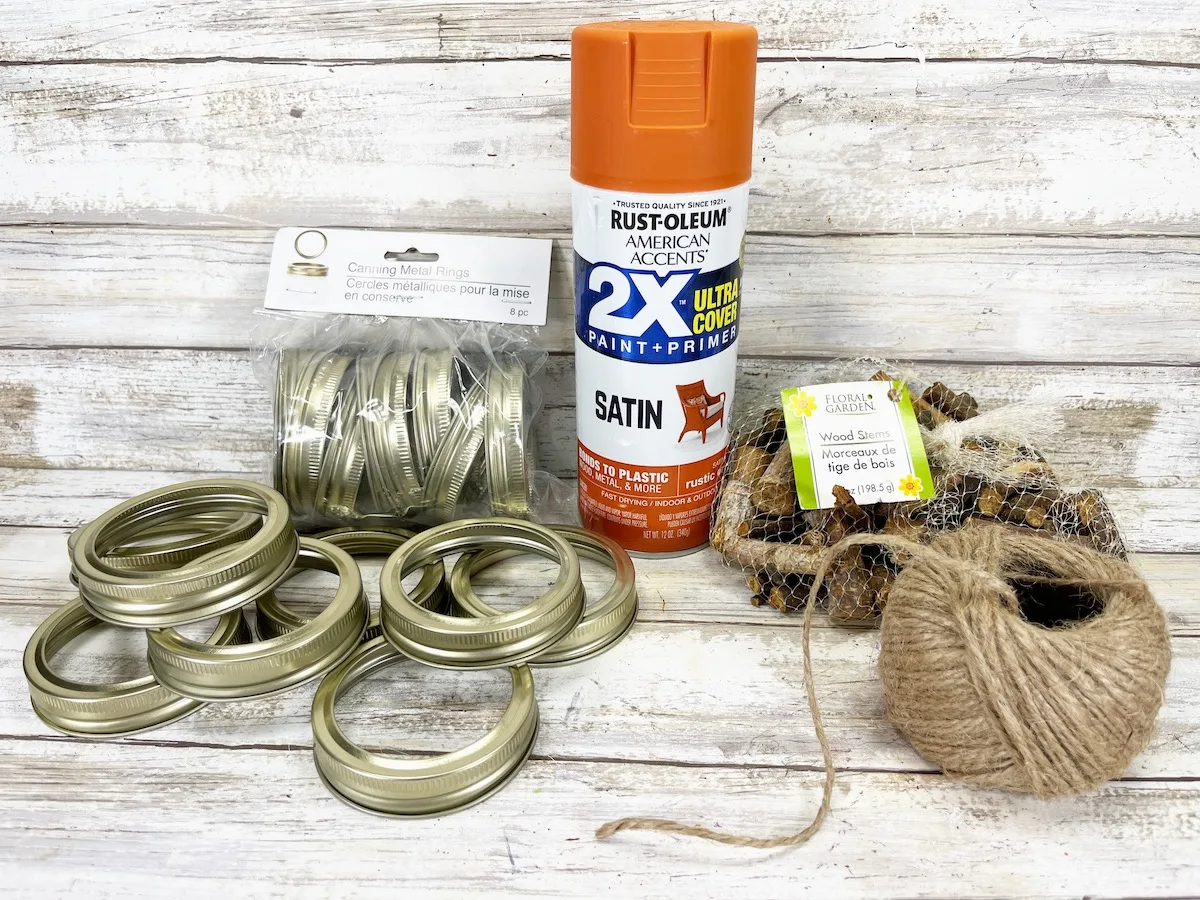 Canning Ring Pumpkin materials on a white wood plank background