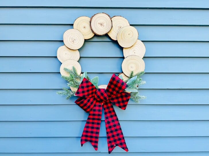 Wood Slice Wreath on blue background
