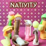Candy Nativity scene creation made out of lollipops and tootsie rolls
