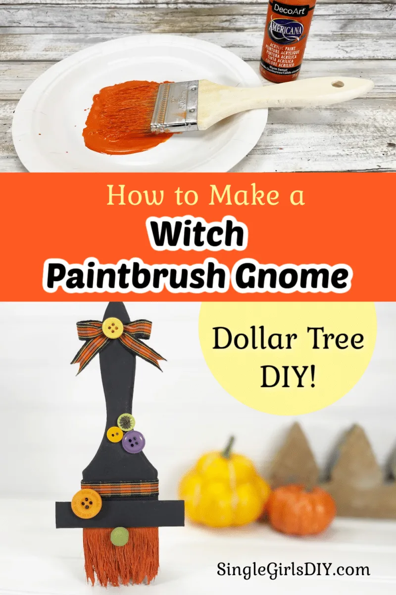 white plate with orange paint and a paintbrush and a finished witch paintbrush gnome craft