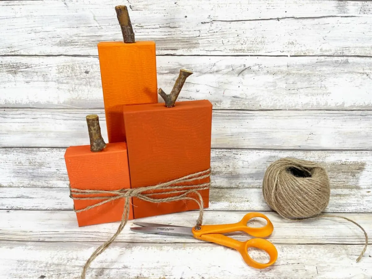 A pair of scissors next to a pair of orange pumpkins.