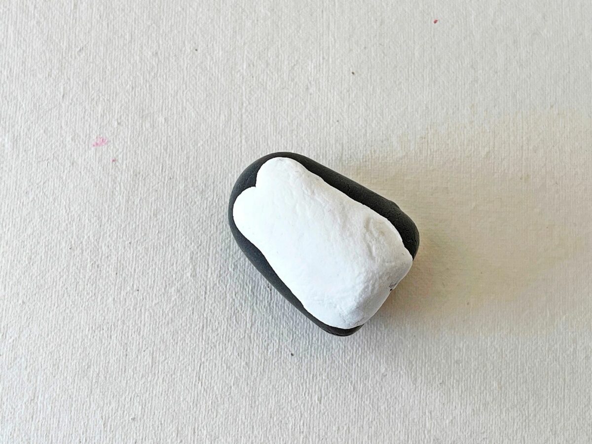 A black and white rock on a white surface.