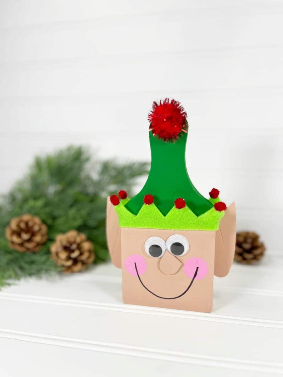 A christmas elf craft with a green hat and pine cones.