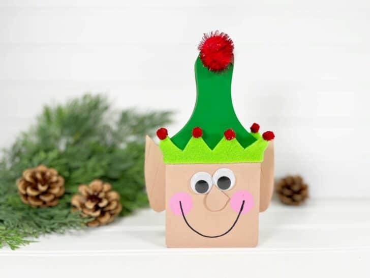A christmas elf box with a green hat and pine cones.