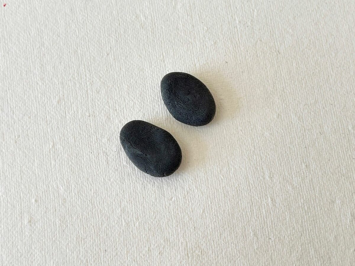 Two black pebbles on a white surface.