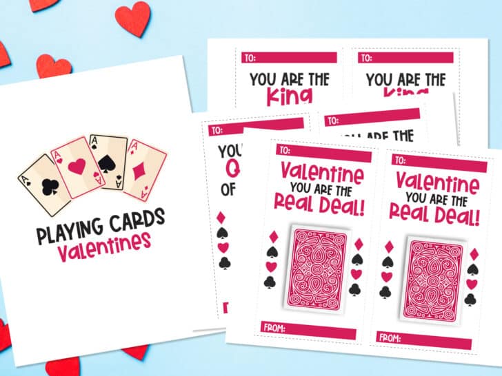 printable Valentine's Day Playing Cards against a blue background with red hearts