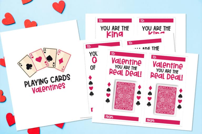 printable Valentine's Day Playing Cards against a blue background with red hearts
