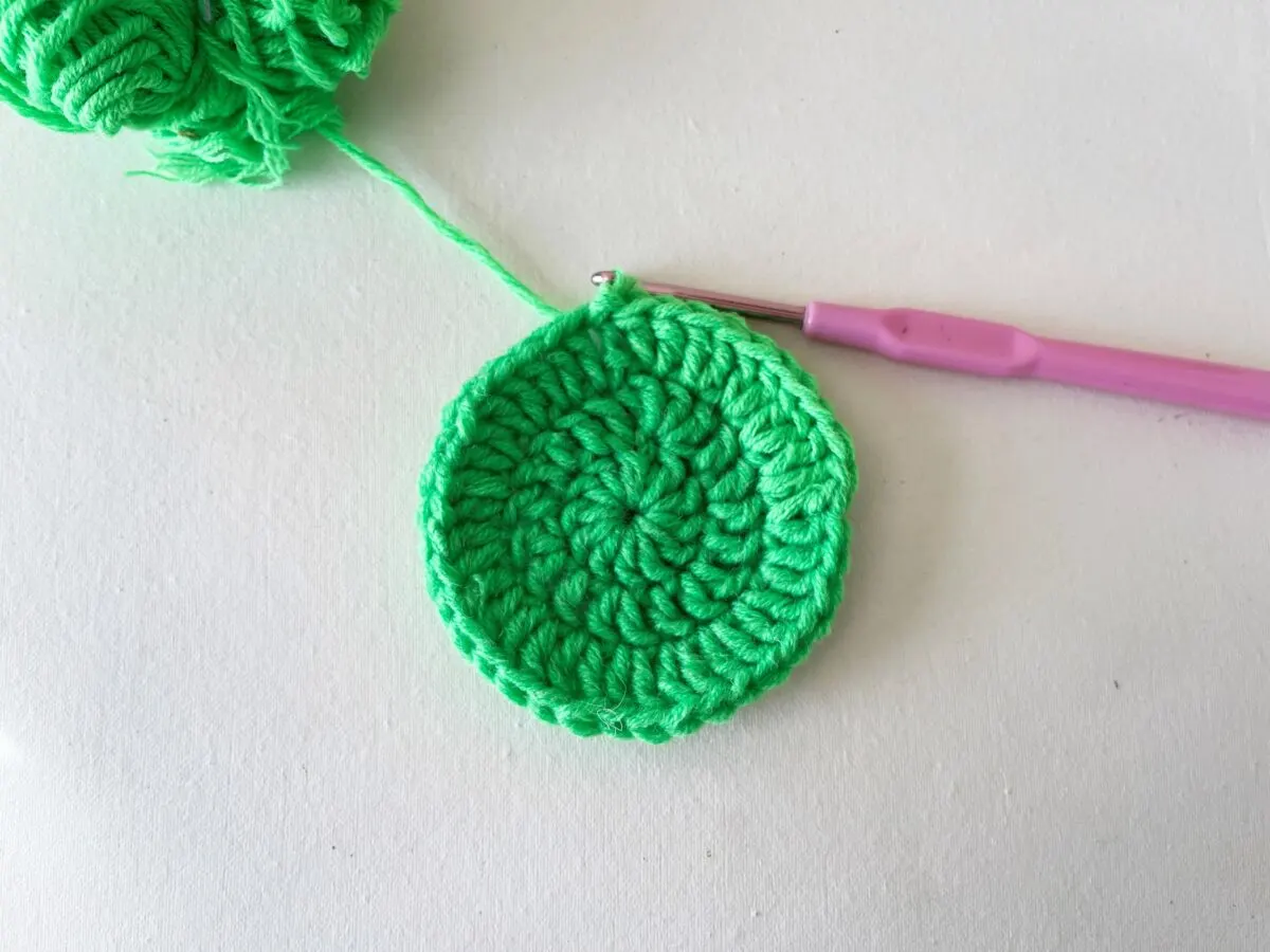 A green crocheted circle with a pink crochet hook.