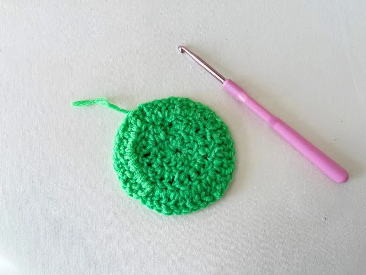 A green crocheted circle next to a pink crochet hook.