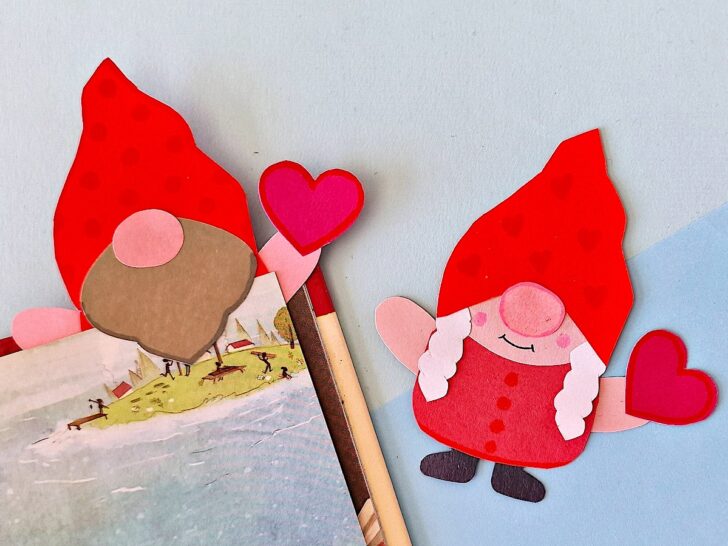 Valentine Gnome Bookmark with an open book on a blue background