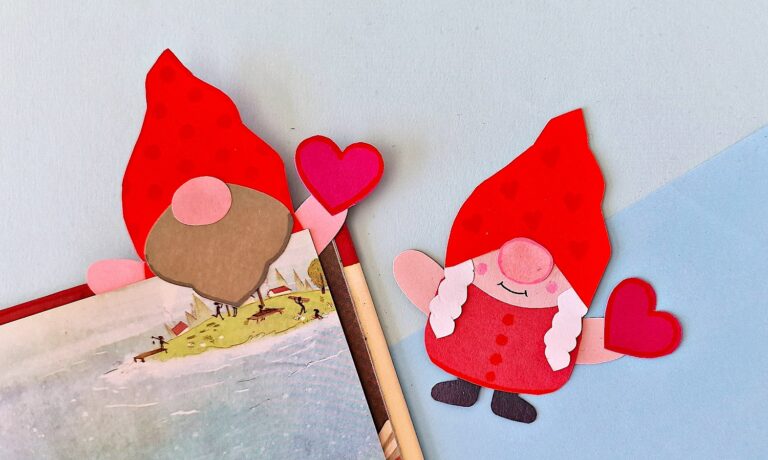 Valentine Gnome Bookmark with an open book on a blue background