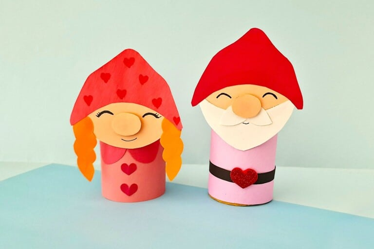 Valentine Gnomes with red hats on blue background